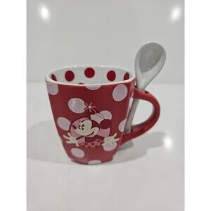 Disney Parks Minnie Mouse Coffee Mug Cup & Spoon Matte Red Polka Dot Ceramic New
